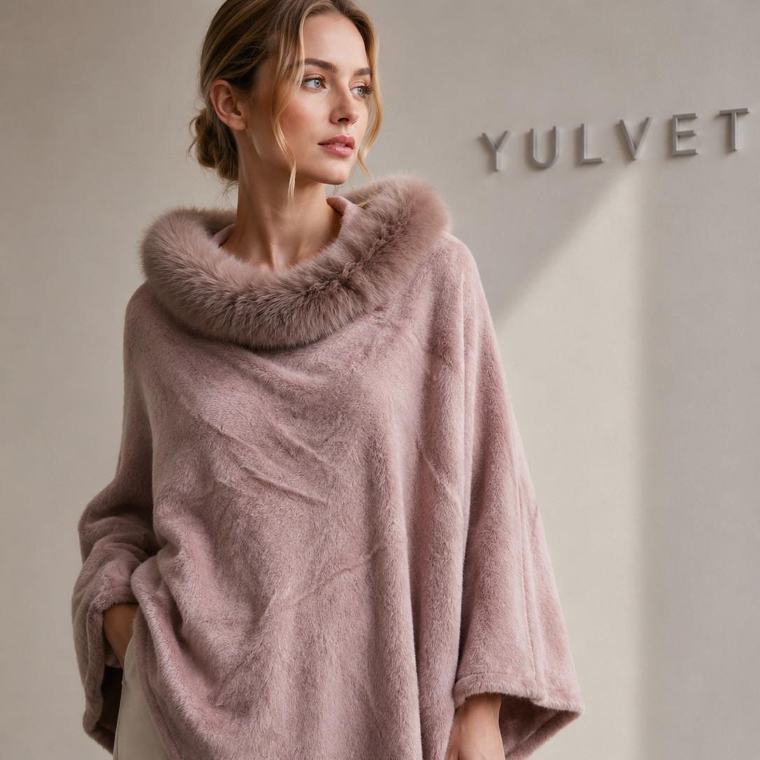 YULVET Poncho de Mujer con Cuello de Pelo Suave, Capa Elegante de Viscosa con Caída Fluida, Tacto Agradable y Diseño Versátil para Otoño e Invierno