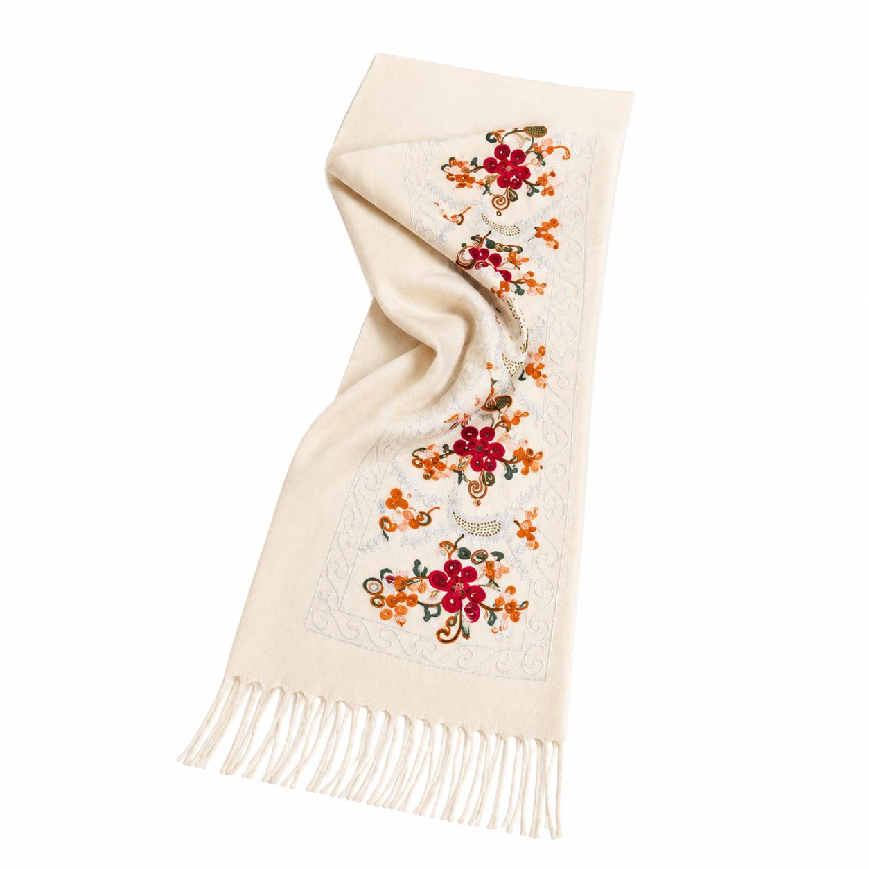 YULVET Bufanda Bordada de Mujer con Flecos, Estampado Floral y Detalles Ornamentales, Tejido Suave y Elegante para Otoño e Invierno