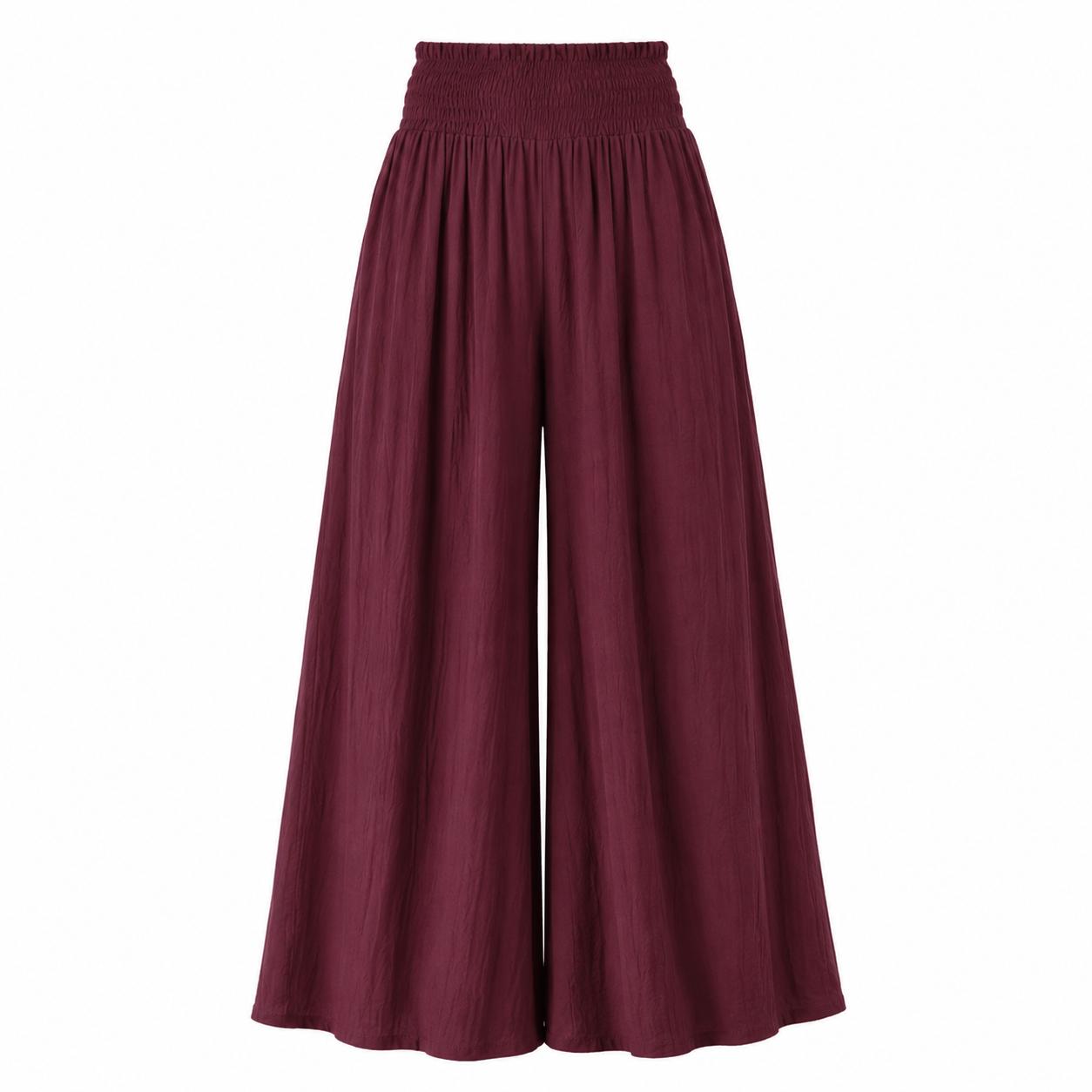 YULVET Pantalón palazzo fluido de tiro alto con cintura elástica fruncida y pernera ancha con caída ligera