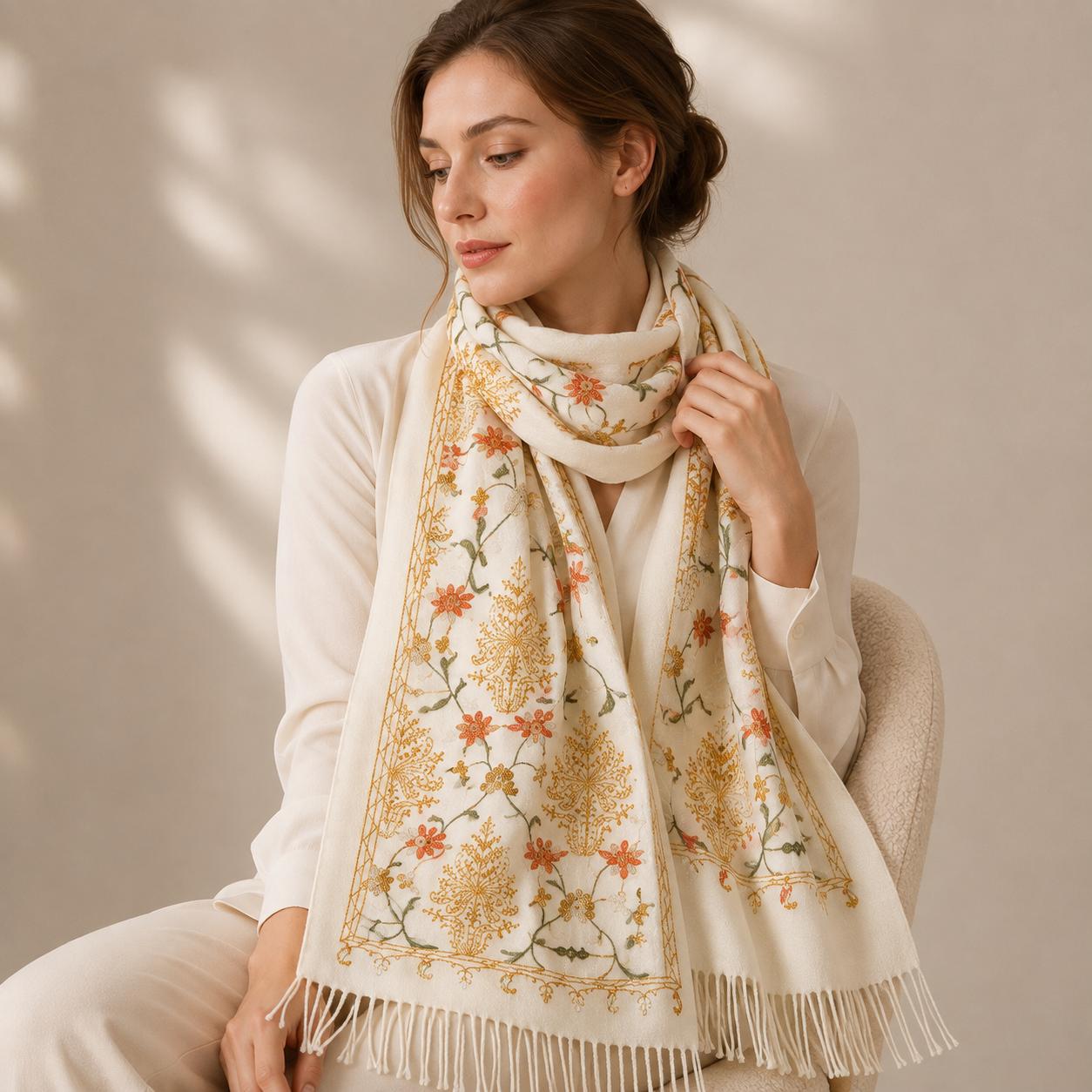 YULVET Bufanda de punto suave con estampado ornamental tipo jacquard, acabado elegante con flecos y diseño versátil para otoño e invierno