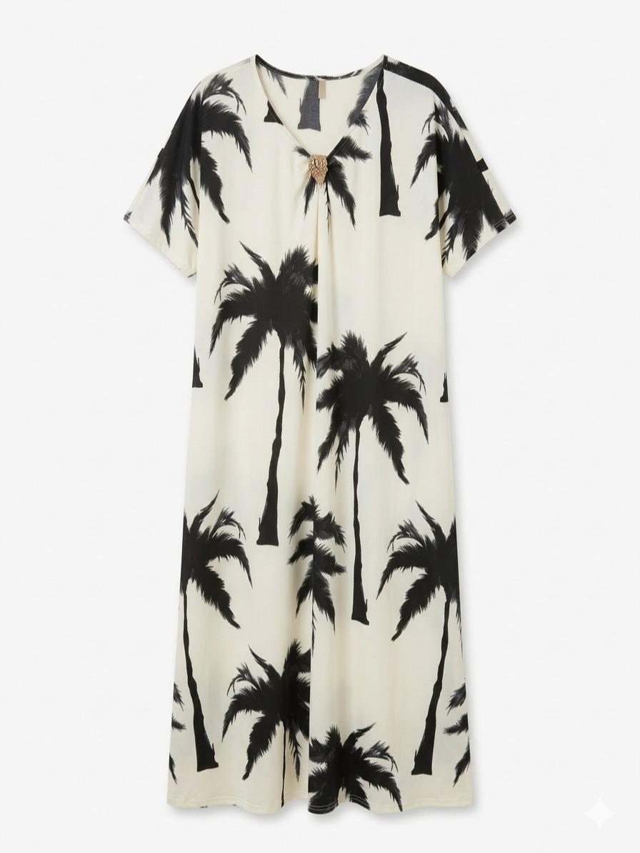 Vestido estampado tropical con escote en V y manga corta amplia, corte fluido oversize estilo elegante casual con tejido ligero ideal para verano