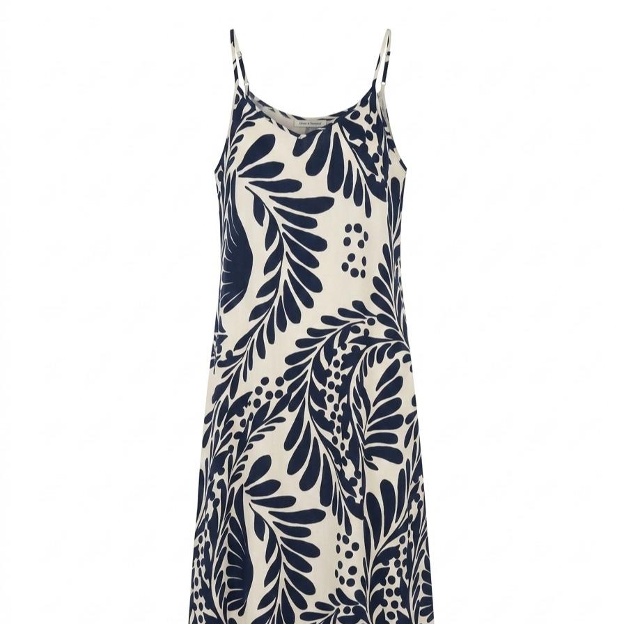 Vestido largo estampado hojas azul marino con tirantes finos, corte amplio fluido estilo boho elegante y tejido ligero ideal para verano