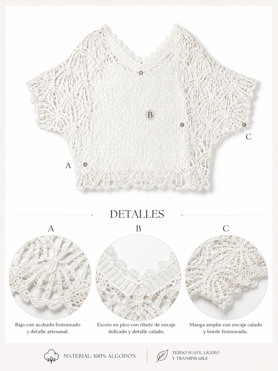 YULVET Blusa 2P de encaje calado con diseño artesanal y manga amplia fluida