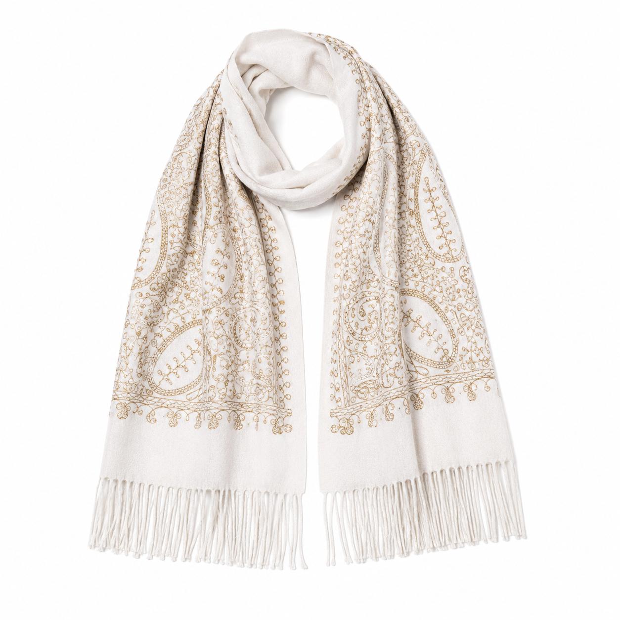 YULVET Bufanda de punto suave con estampado ornamental tipo jacquard, acabado elegante con flecos y diseño versátil para otoño e invierno