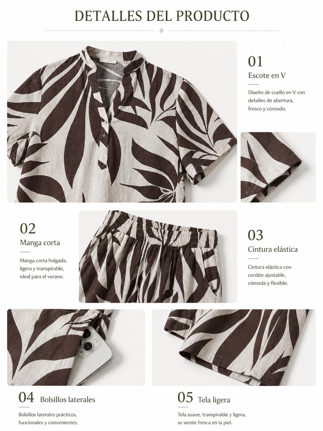 Conjunto de dos piezas fluido estampado de hojas tropicales con camisa de manga corta abotonada y pantalón largo de pernera amplia con cintura elástica