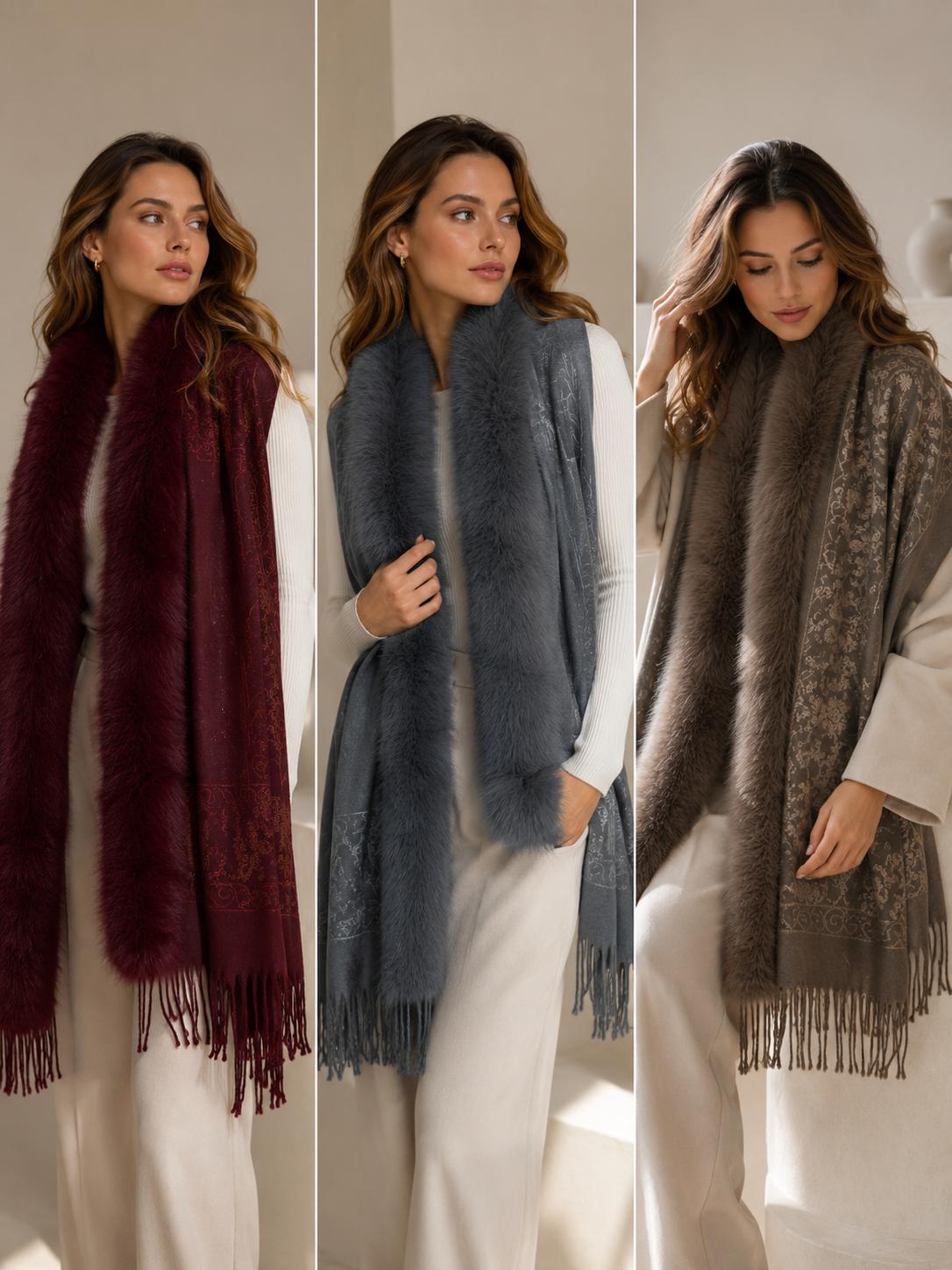 YULVET Chal con cuello de pelo sintético de gran volumen, tejido jacquard con acabado elegante, flecos decorativos y diseño envolvente para otoño e invierno