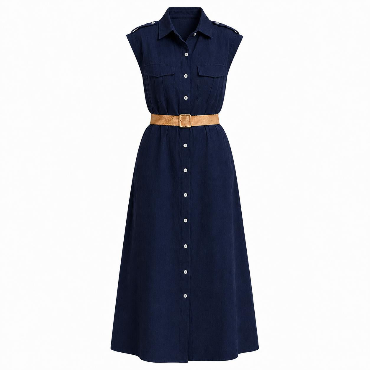 YULVET vestido camisero largo sin mangas con cinturón incluido, botones delanteros y bolsillos en el pecho, diseño fluido y elegante para looks cómodos de temporada