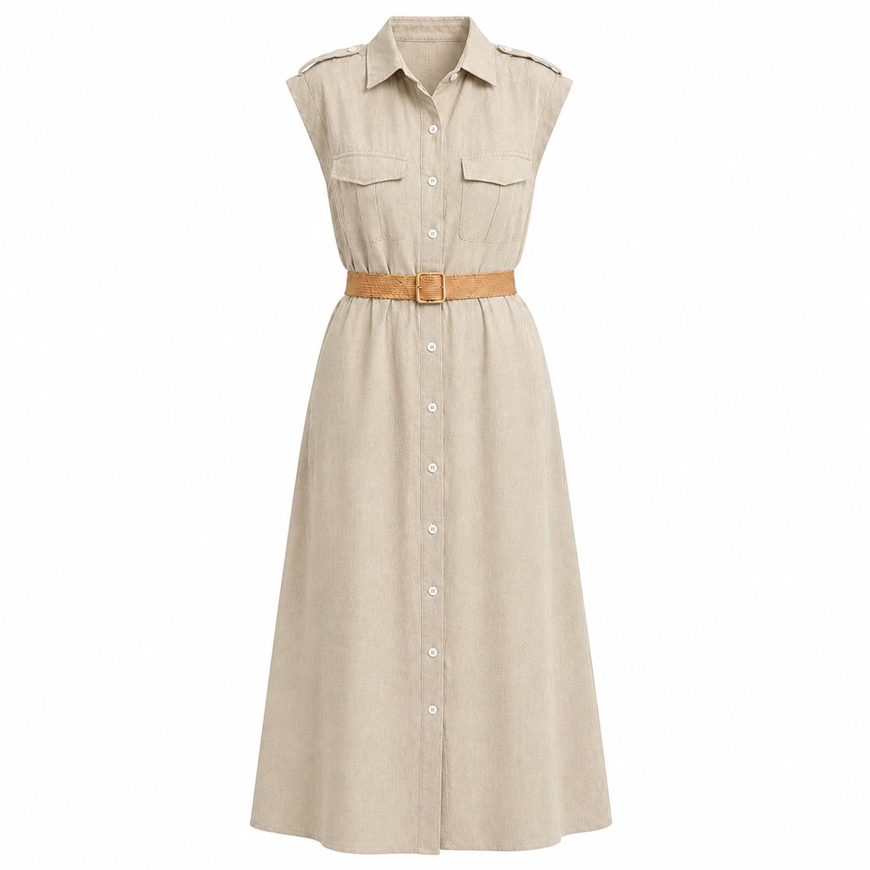 YULVET vestido camisero largo sin mangas con cinturón incluido, botones delanteros y bolsillos en el pecho, diseño fluido y elegante para looks cómodos de temporada