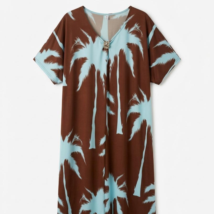 Vestido estampado tropical con escote en V y manga corta amplia, corte fluido oversize estilo elegante casual con tejido ligero ideal para verano