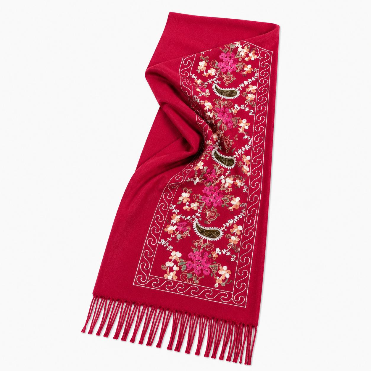 YULVET Bufanda Bordada de Mujer con Flecos, Estampado Floral y Detalles Ornamentales, Tejido Suave y Elegante para Otoño e Invierno