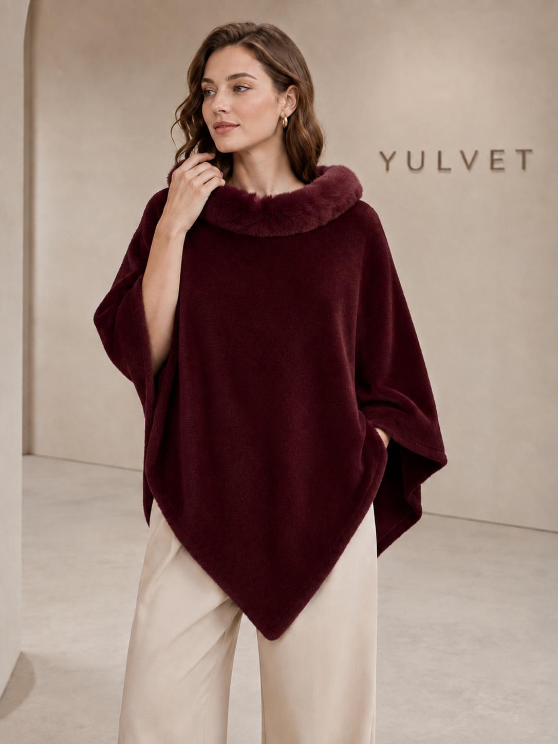 YULVET Poncho de Mujer con Cuello de Pelo Suave, Capa Elegante de Viscosa con Caída Fluida, Tacto Agradable y Diseño Versátil para Otoño e Invierno