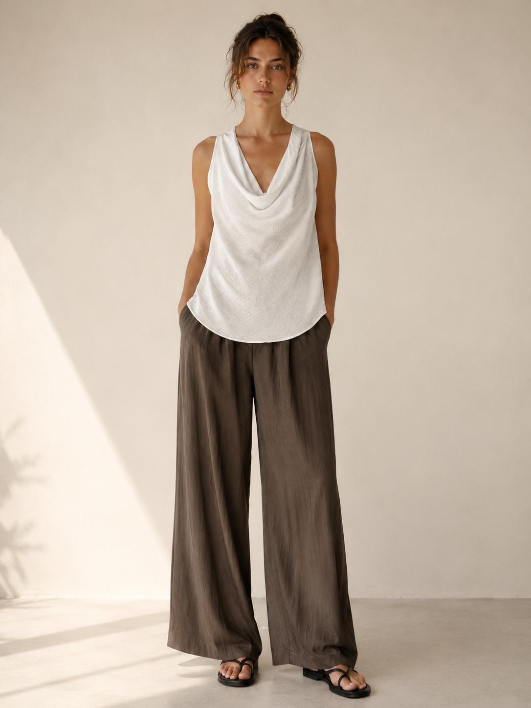YULVET Top fluido sin mangas con escote drapeado efecto cuello vuelto y tejido texturizado