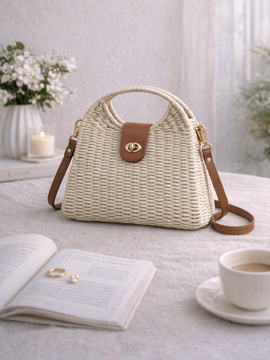 YULVET Bolso Trenzado de Diseño Natural con Asa Redonda y Correa de Cuero Chic