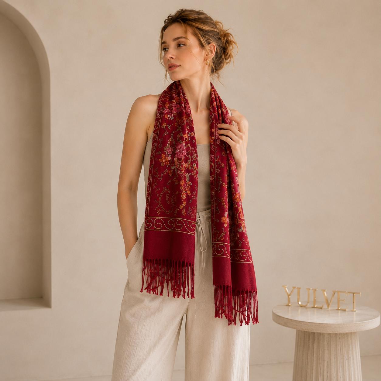 YULVET Bufanda Bordada de Mujer con Flecos, Estampado Floral y Detalles Ornamentales, Tejido Suave y Elegante para Otoño e Invierno