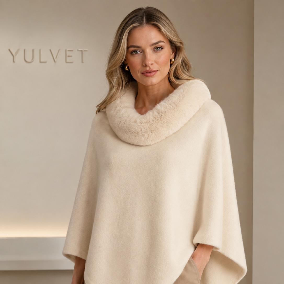 YULVET Poncho de Mujer con Cuello de Pelo Suave, Capa Elegante de Viscosa con Caída Fluida, Tacto Agradable y Diseño Versátil para Otoño e Invierno