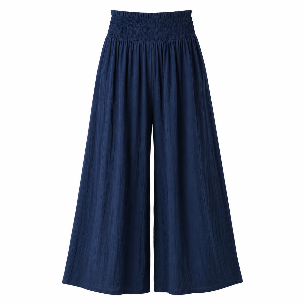 YULVET Pantalón palazzo fluido de tiro alto con cintura elástica fruncida y pernera ancha con caída ligera
