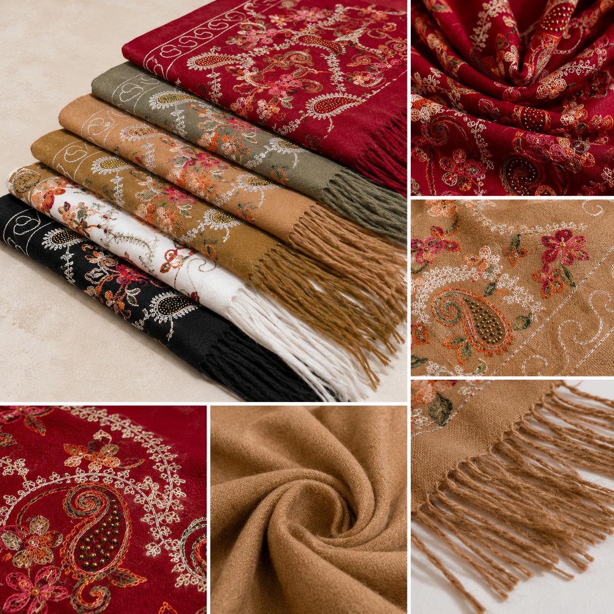YULVET Bufanda Bordada de Mujer con Flecos, Estampado Floral y Detalles Ornamentales, Tejido Suave y Elegante para Otoño e Invierno