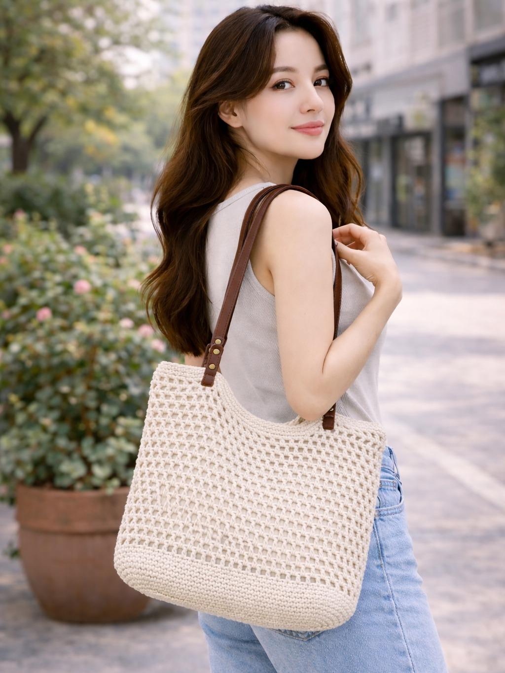 YULVET Bolso de Crochet de Algodón Elegante con Correa de Cuero Estilo Natural