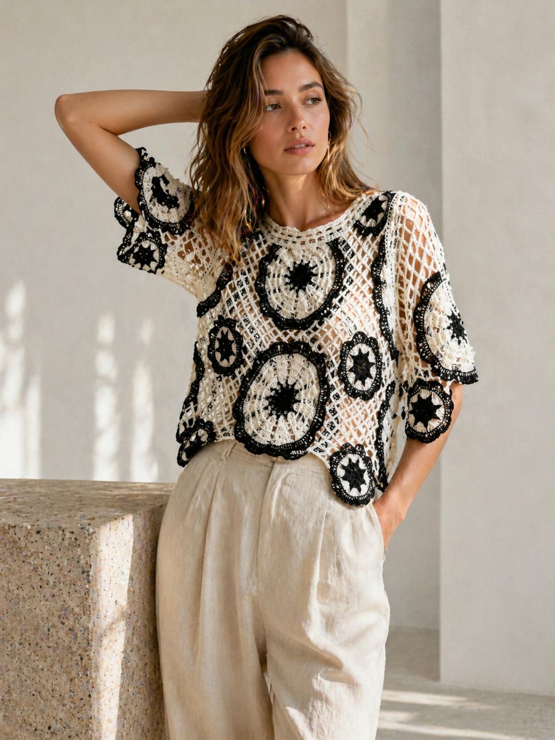 YULVET Top de Crochet Calado con Diseño Floral Estilo Boho Chic