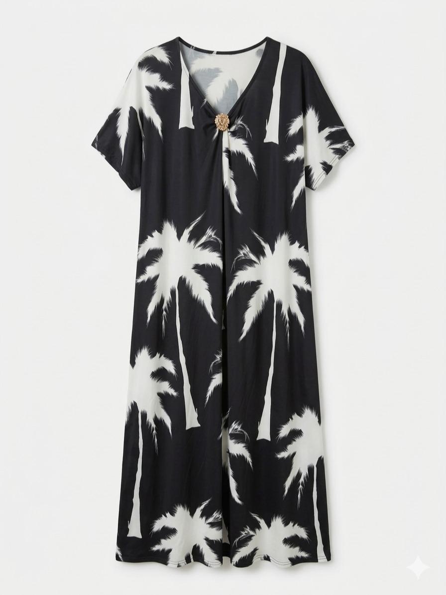 Vestido estampado tropical con escote en V y manga corta amplia, corte fluido oversize estilo elegante casual con tejido ligero ideal para verano