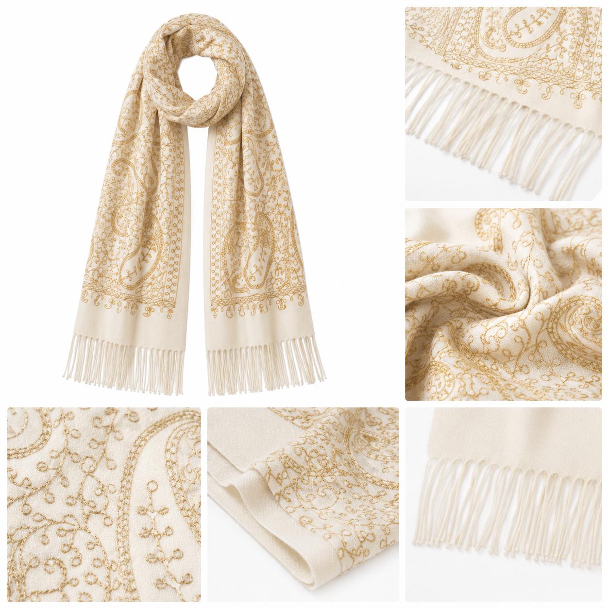YULVET Bufanda de punto suave con estampado ornamental tipo jacquard, acabado elegante con flecos y diseño versátil para otoño e invierno