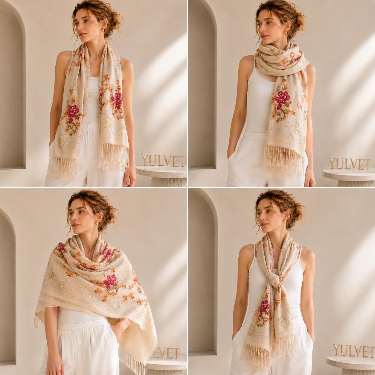 YULVET Bufanda Bordada de Mujer con Flecos, Estampado Floral y Detalles Ornamentales, Tejido Suave y Elegante para Otoño e Invierno