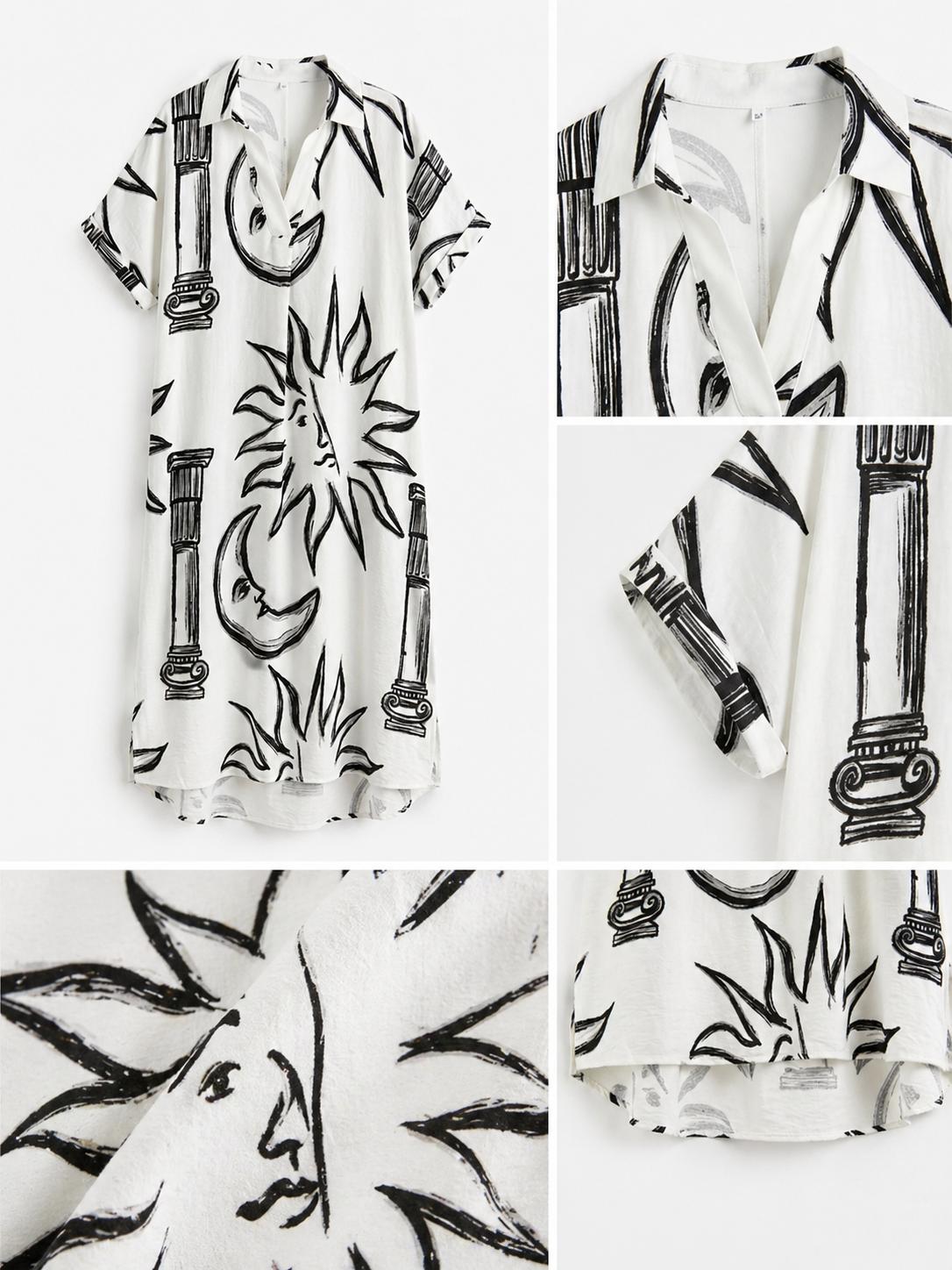 Vestido oversize estampado abstracto azul con cuello camisero y escote en V, manga corta amplia y bolsillos laterales, diseño fluido y elegante con tejido ligero y transpirable ideal para verano, look moderno y versátil perfecto para día a día