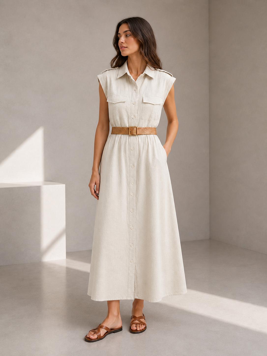 YULVET vestido camisero largo sin mangas con cinturón incluido, botones delanteros y bolsillos en el pecho, diseño fluido y elegante para looks cómodos de temporada