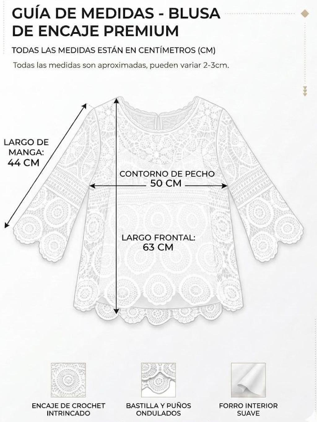 YULVET Blusa de encaje crochet floral con manga francesa acampanada y bajo ondulado en acabado calado elegante