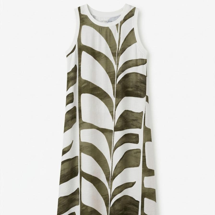 Vestido estampado  con cuello redondo sin mangas, corte amplio fluido estilo elegante casual y tejido ligero ideal para verano