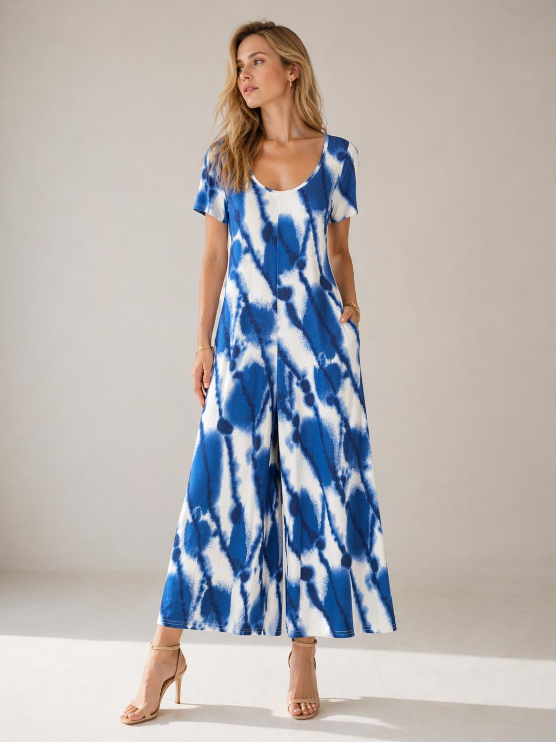 YULVET Mono largo fluido estampado estilo tie-dye con manga corta, escote redondo y pernera amplia con bolsillos laterales