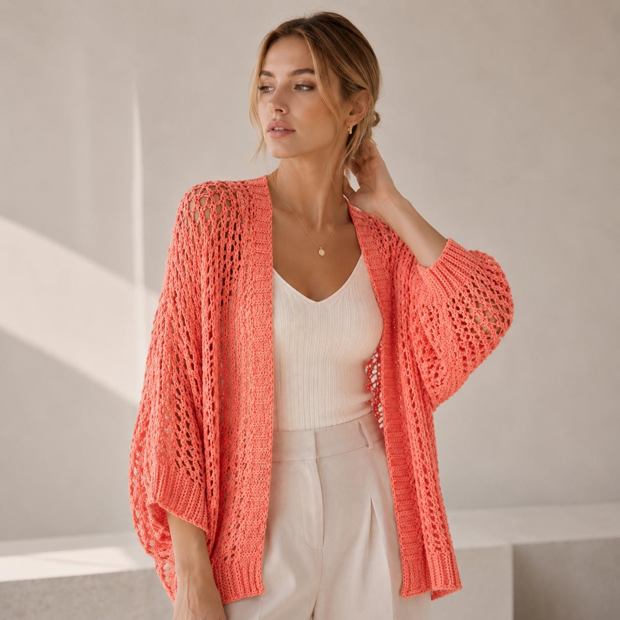 YULVET-Chaqueta Rose de Punto Ligero con Manga Amplia y Corte Fluido Estilo Relajado y Elegante para Looks Versátiles de Diario Talla Única