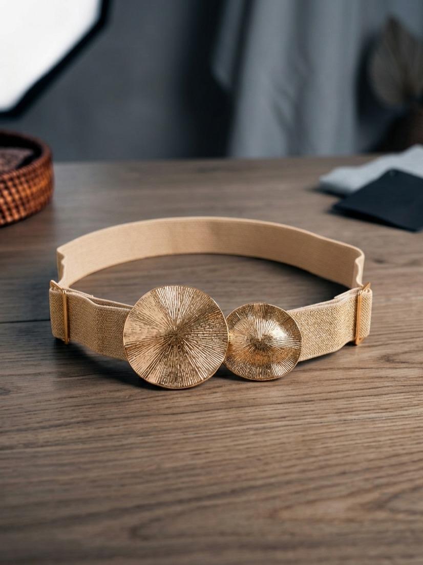 YULVET Cinturón Elástico Dorado con Doble Hebilla Circular Texturizada