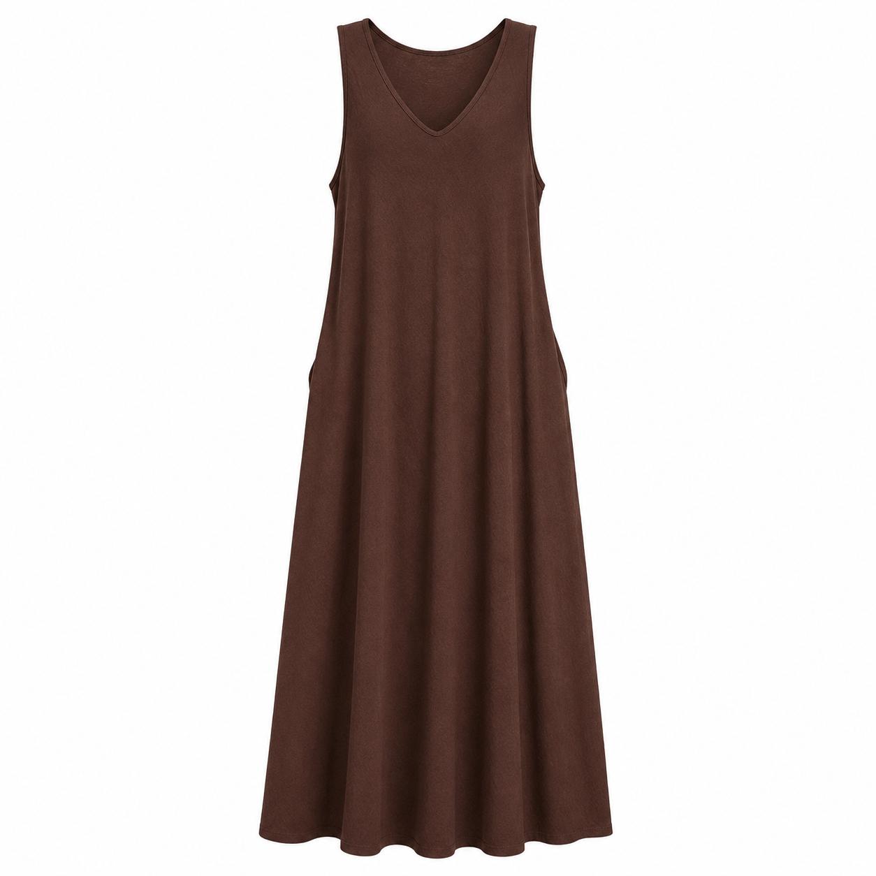 YULVET vestido largo fluido sin mangas con escote en pico y bolsillos laterales de estilo cómodo y elegante