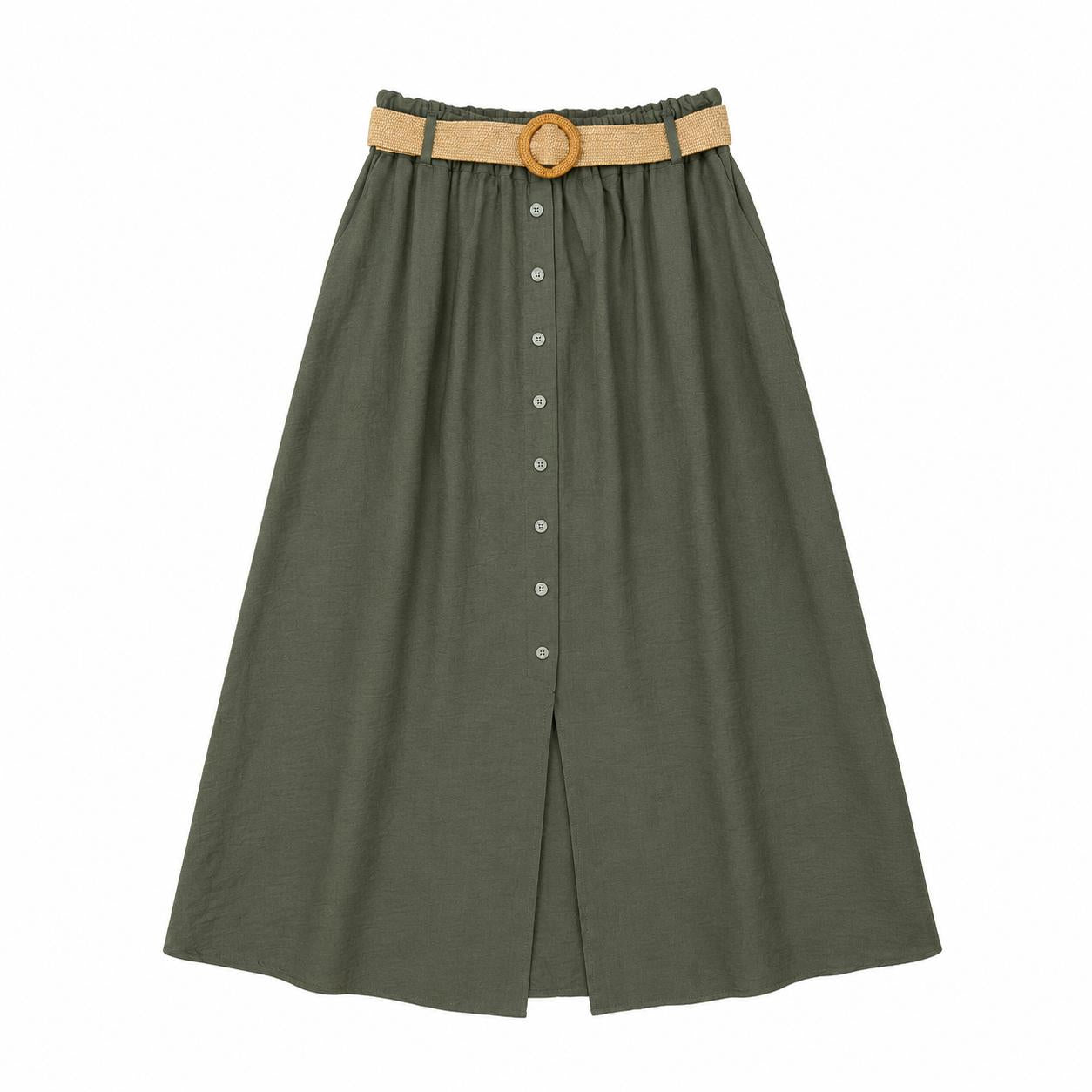YULVET Falda midi fluida con cinturón trenzado, cintura elástica y detalle de botones delanteros