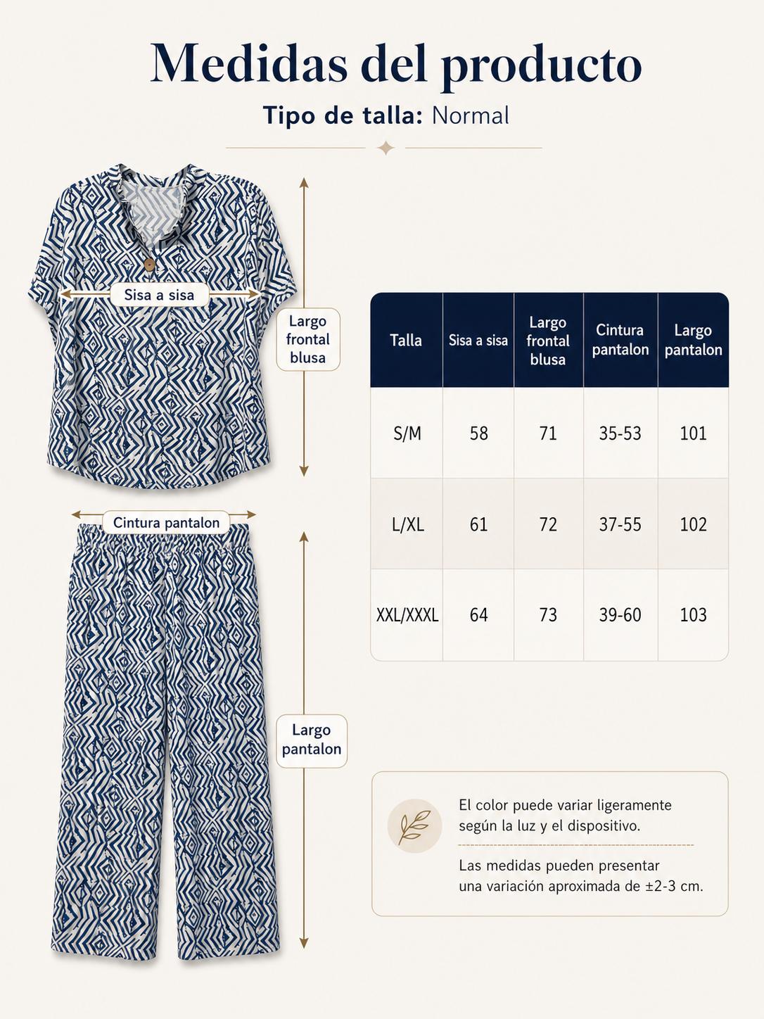 Conjunto 2 piezas blusa y pantalón ancho estampado  estilo boho, tejido ligero y fresco ideal para verano, camiseta suelta con manga corta y pantalón fluido de cintura elástica, look cómodo y elegante fácil de combinar, perfecto para vacaciones