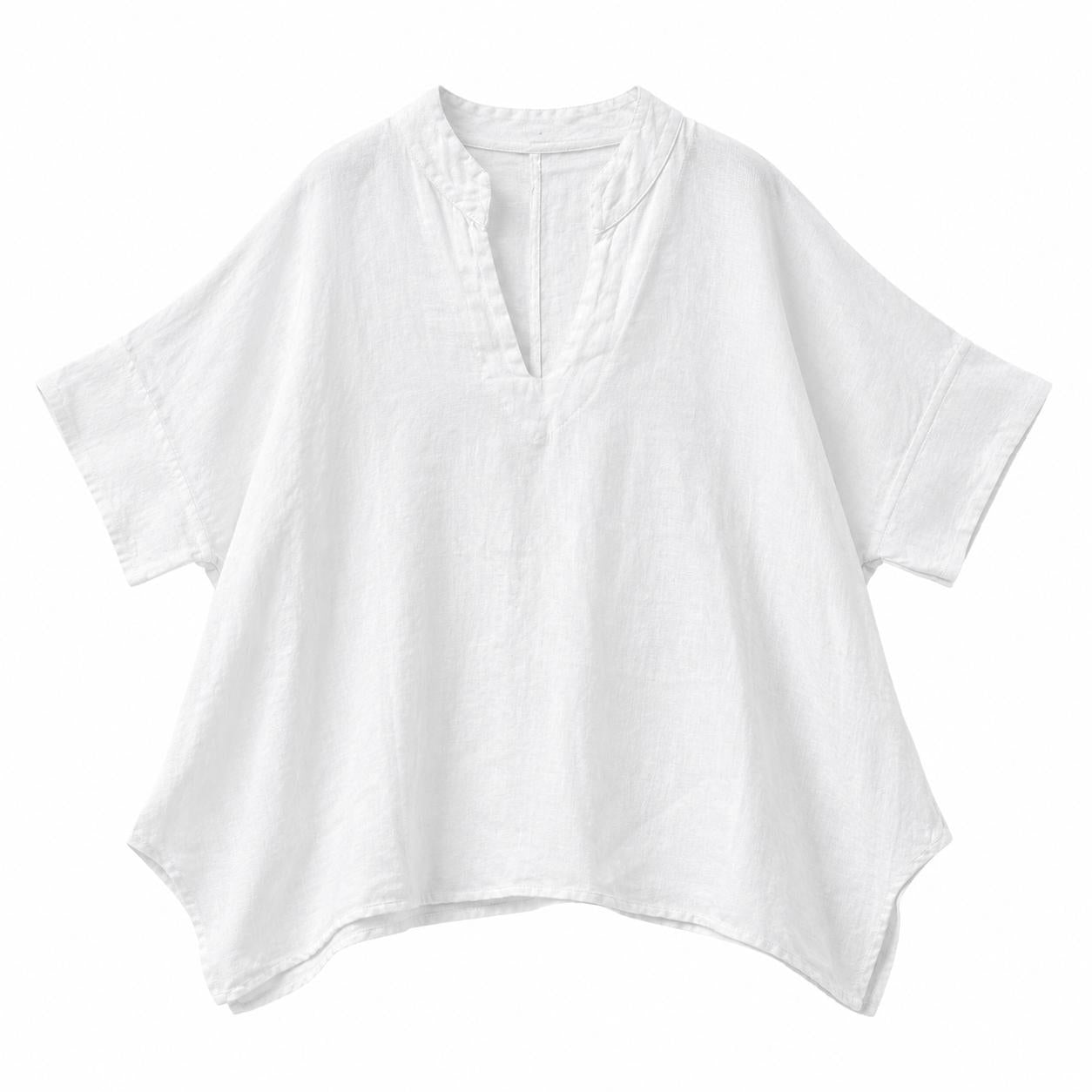 YULVET Blusa amplia de lino 100% con cuello mao, escote en pico y manga corta estilo oversize