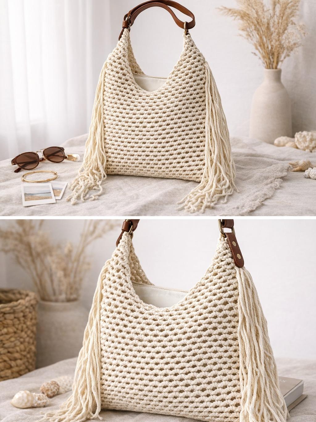 YULVET Bolso de Crochet con Flecos Estilo Natural de Verano con Detalles en Cuero Elegante