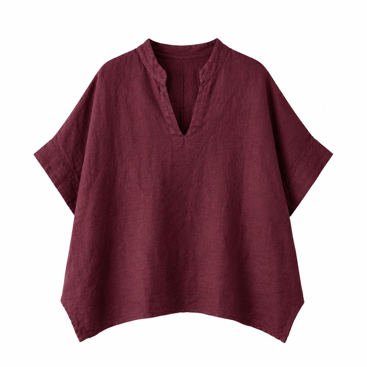 YULVET Blusa amplia de lino 100% con cuello mao, escote en pico y manga corta estilo oversize