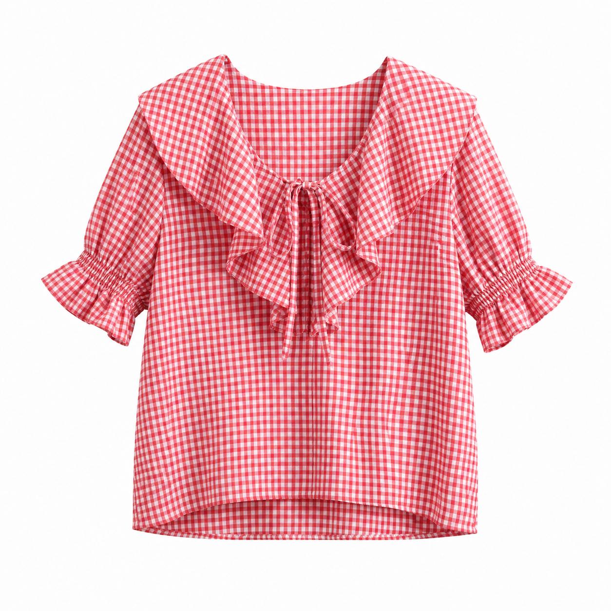 YULVET Blusa de cuadros vichy con volantes románticos y escote ajustable estilo boho veraniego